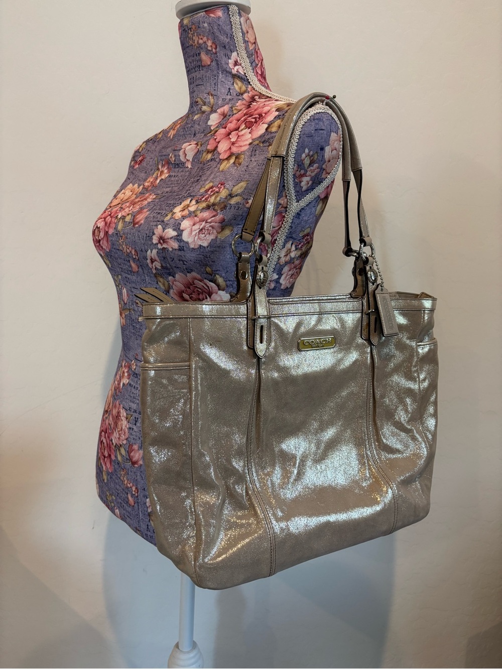 Coach Hampton Laguna Metallic Champagne Leather Tote Shoulder Bag